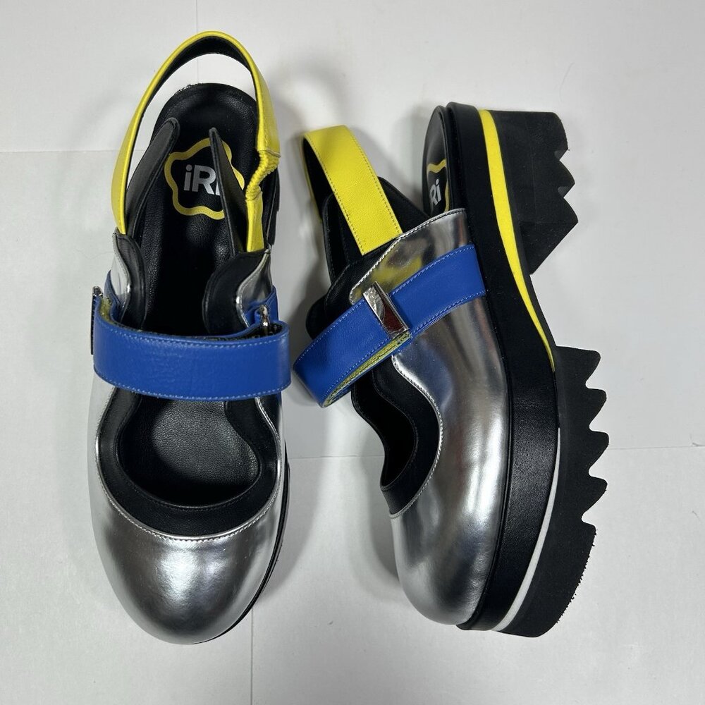 IRI NYC DAANY Color Block Silver Leather Sandal Sling Back Chunky Women Sz 6.5